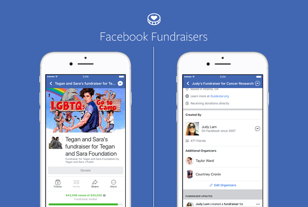 Facebook-pagina's voor merken en publieke figuren kunnen nu de fondsenwervers van Facebook gebruiken om geld in te zamelen voor non-profitorganisaties, en non-profitorganisaties kunnen hetzelfde doen op hun eigen pagina's.