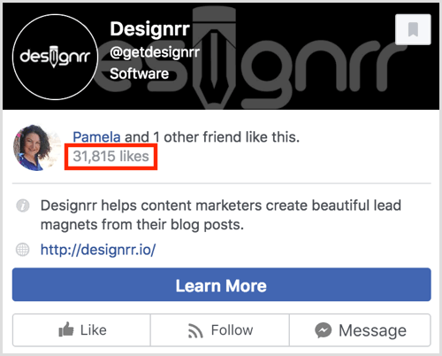 Het aantal fans in dit paginavoorbeeld wordt onder de namen van vrienden geplaatst die de pagina leuk vinden.