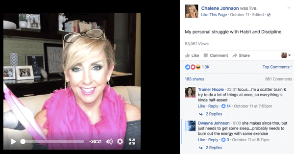 Facebook Live-videopost op Chalene's Facebook-pagina.