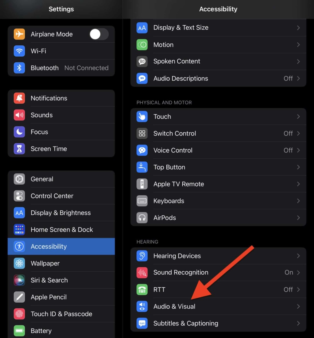 Selecteer Audio & Visueel in de Toegankelijkheidsinstellingen op je iPad