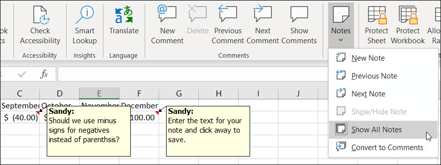 Toon alle notities in Excel