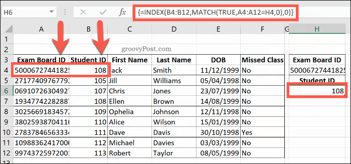Een voorbeeld van een gecombineerde INDEX- en MATCH-formule in Excel
