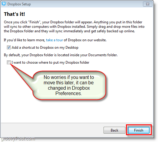 Screenshot van Dropbox - pas de uiteindelijke voorkeuren aan en wijzig de locatie van de dropbox
