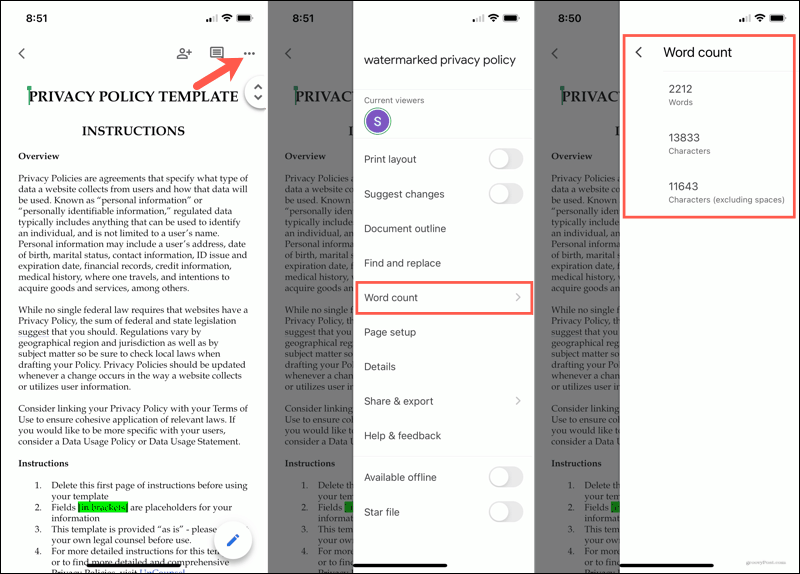 Woorden tellen in Google Docs mobiel