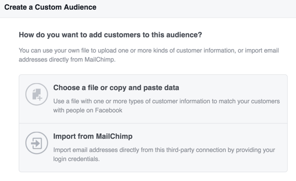 Kies hoe u klantinformatie wilt uploaden om uw aangepaste Facebook-doelgroep te maken.