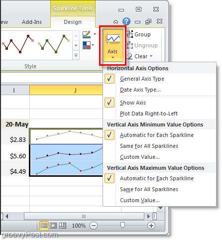 verander de sparklines-as in Excel 2010