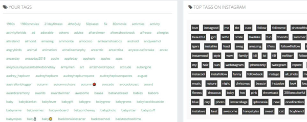 Bekijk een lijst met de tags die je hebt gebruikt in vergelijking met de toptags op Instagram.