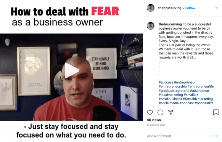 Bruce Irving Instagram-bericht over hoe om te gaan met angst als ondernemer
