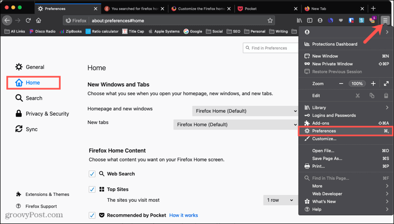 Firefox Preferences Home op Mac