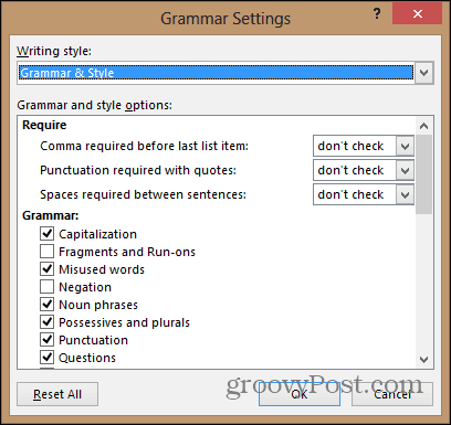 Word 2013 menu voor het configureren van grammatica