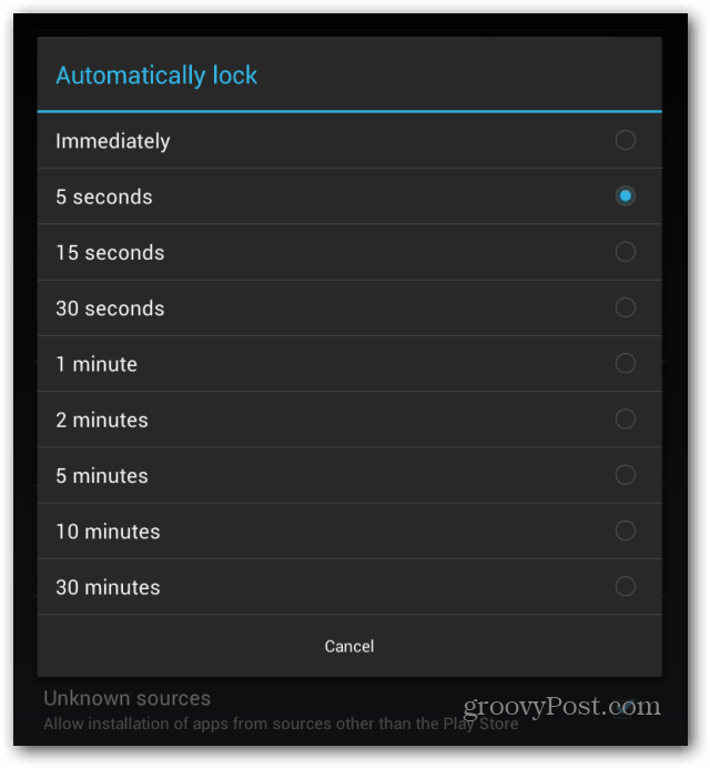 Goggle Nexus 7 vergrendelscherm vergrendelt automatisch het interval