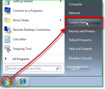 Klik op het menu Start Orb en vervolgens op het configuratiescherm In Windows 7