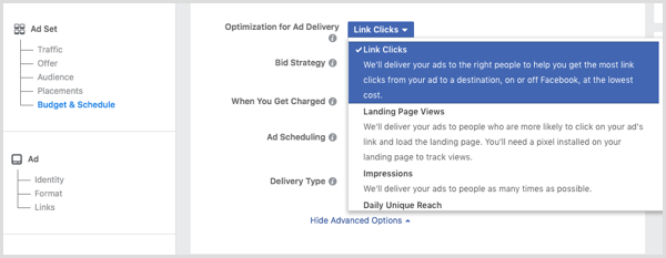 Kies klikken op links in de vervolgkeuzelijst Optimalisatie voor advertentieweergave wanneer u uw Facebook-advertentie instelt.
