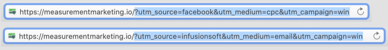 voorbeeld van urls met utm-tags gecodeerd met het utm-gedeelte van de urls gemarkeerd en toont facebook / cpc en infusionsoft / e-mail als parameters voor de campagne van win