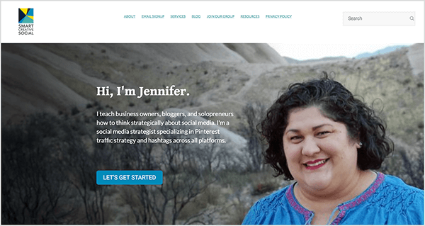 Dit is een screenshot van de website van Smart Creative Social, het socialemediabureau van Jennifer Priest.