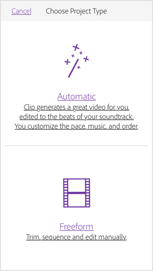 Selecteer Automatisch om Adobe Premiere Clip een video voor u te laten maken.
