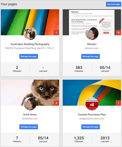 google + pagina's dashboard
