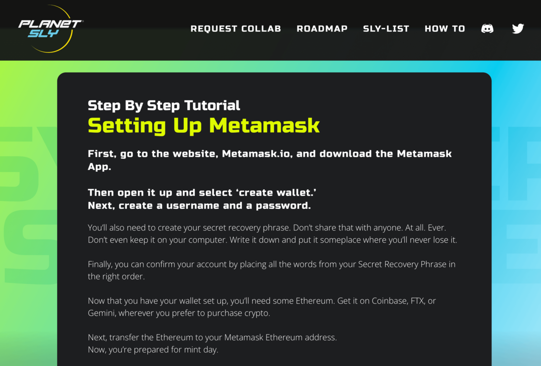 afbeelding van Metamask-zelfstudie op PlanetSLY-website