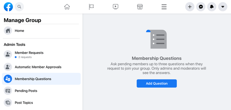facebook groep beheren optie met de optie lidmaatschapsvragen