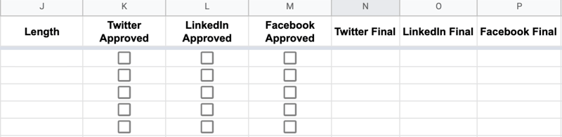 vervolgvoorbeeld van google sheet headers met label lengte, twitter-goedkeuring, linkedin-goedkeuring, facebook-goedkeuring, twitter-finale, linkedin-finale en facebook-finale