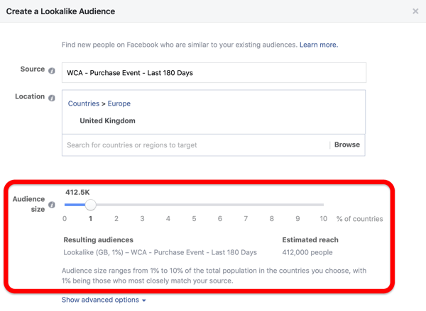 Optie voor publieksgrootte bij het maken van uw Facebook Lookalike-publiek op basis van uw aangepaste publiek.