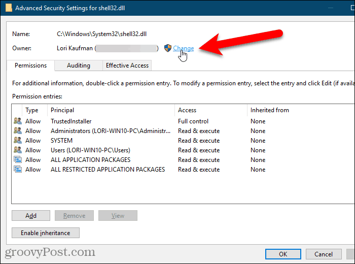 Klik op Wijzigen voor de eigenaar in het dialoogvenster Geavanceerde beveiligingsinstellingen in de Windows Register-editor