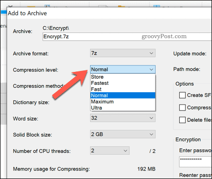 Opties voor bestandscompressie voor een 7zip-archiefbestand in Windows 10