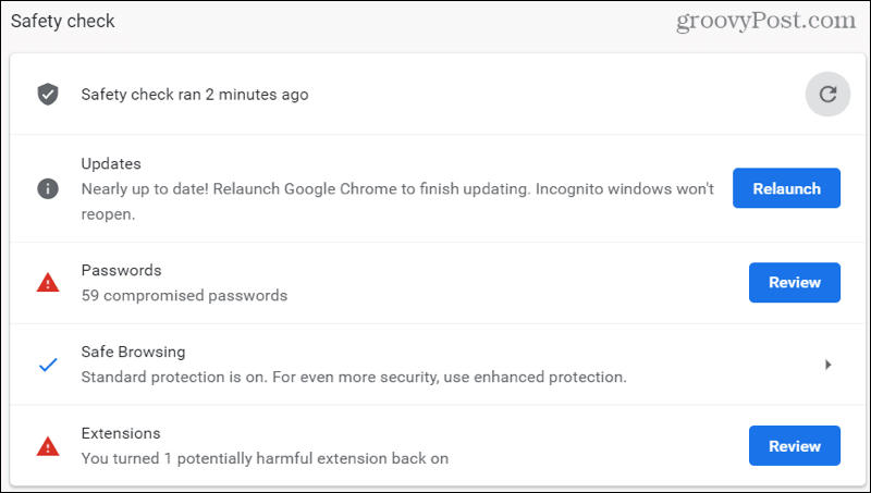 Resultaten Chrome-veiligheidscontrole