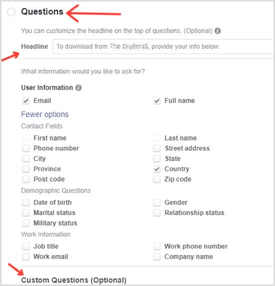 Facebook lead ad select-vragen