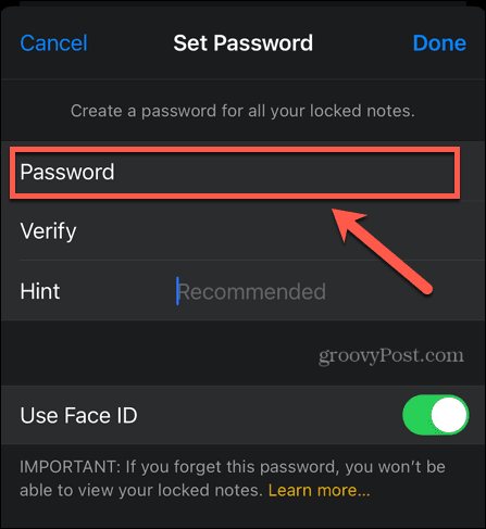 iphone voer notities wachtwoord in