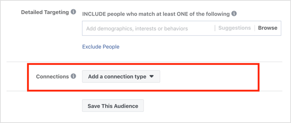 Verbindingen in het gedeelte Doelgroepen van de Facebook-advertentiecampagne.