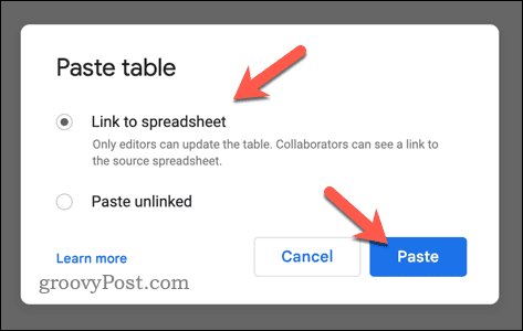 Google Spreadsheets-gegevens plakken in Google Documenten