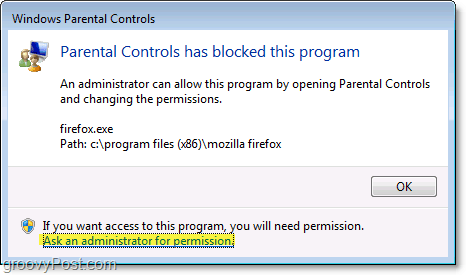 een pop-up wordt weergegeven in Windows 7 wanneer een beleid voor ouderlijk toezicht dit blokkeert