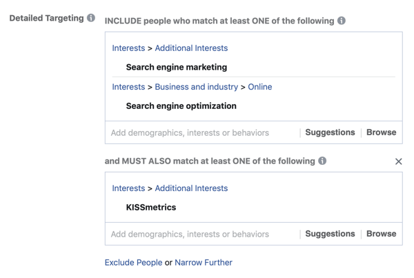 Voorbeeld van het verdelen van uw resultaten in de interesses van uw Facebook-advertenties met behulp van het veld MUST OOK overeenkomen.