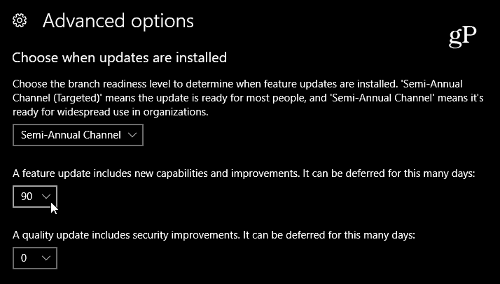 Selecteer vertraging van functie-update Windows 10