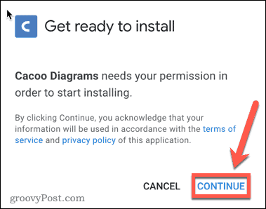 De installatie van de Google Docs Cacoo-add-on bevestigen