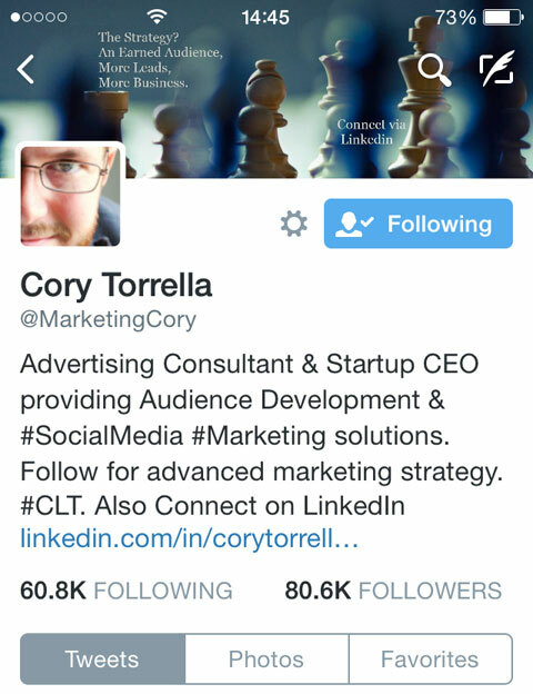 cory torrella twitter bio op mobiel