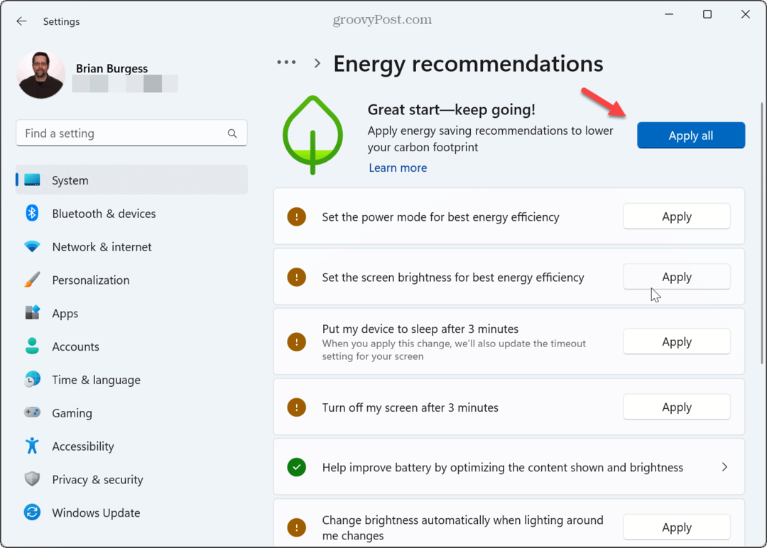 Energieaanbevelingen toepassen op Windows 11