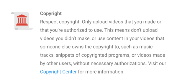 Het auteursrechtbeleid van YouTube wordt duidelijk vermeld.