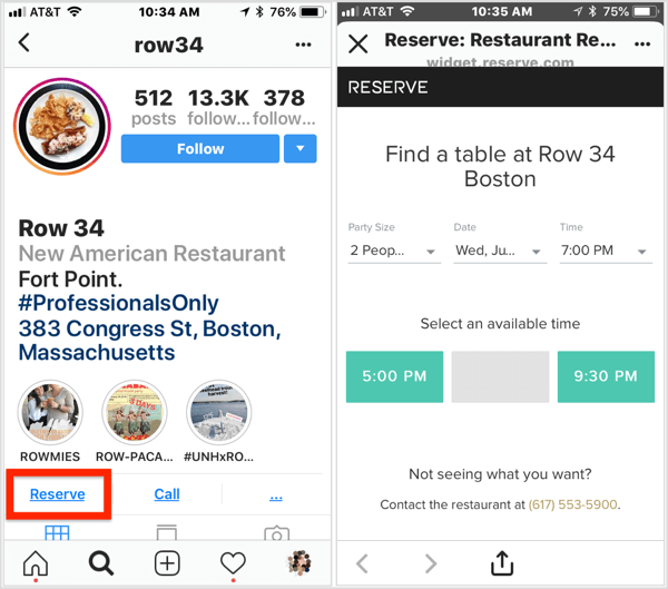 Klik op de actieknop Reserveren op het Instagram-bedrijfsprofiel van dit restaurant om een ​​reservering te maken. 