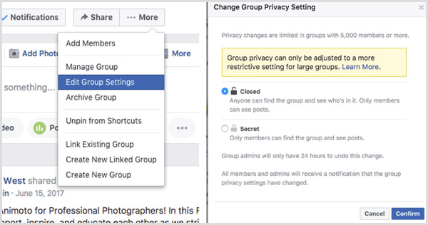 Facebook-groep wijzigt de privacy-instelling