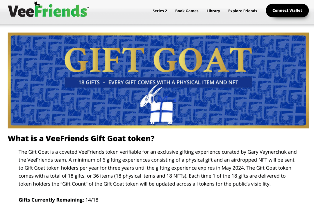 afbeelding van VeeFriends Gift Goat-tokenvoordelen op de VeeFriends-website