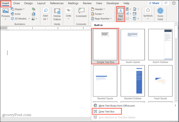 Een tekstvak invoegen in Word op Windows