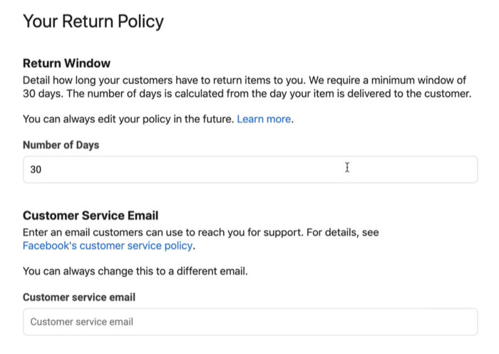 screenshot voorbeeld van het retourbeleid van de Facebook-winkel en de mogelijk beschikbare e-mail van de klantenservice