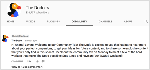 Introductiepost op YouTube-kanaal op tabblad Community