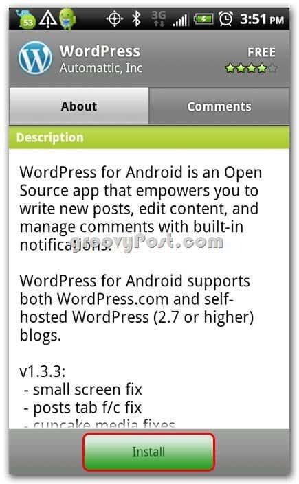 Wordpress op Android-installatiescherm
