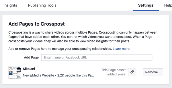 Zet een cross-postingrelatie op tussen twee Facebook-pagina's.