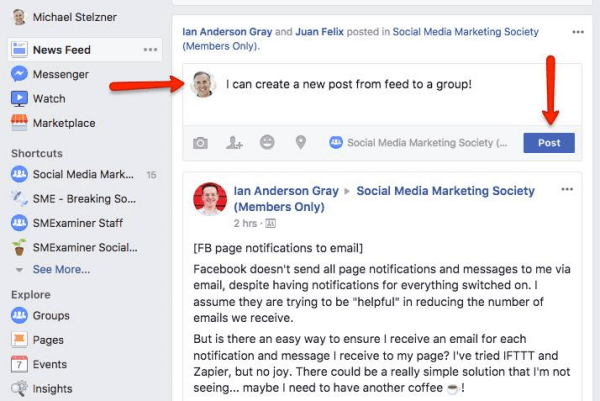 Met Facebook kunnen gebruikers nu rechtstreeks vanuit de nieuwsfeed in groepen posten.