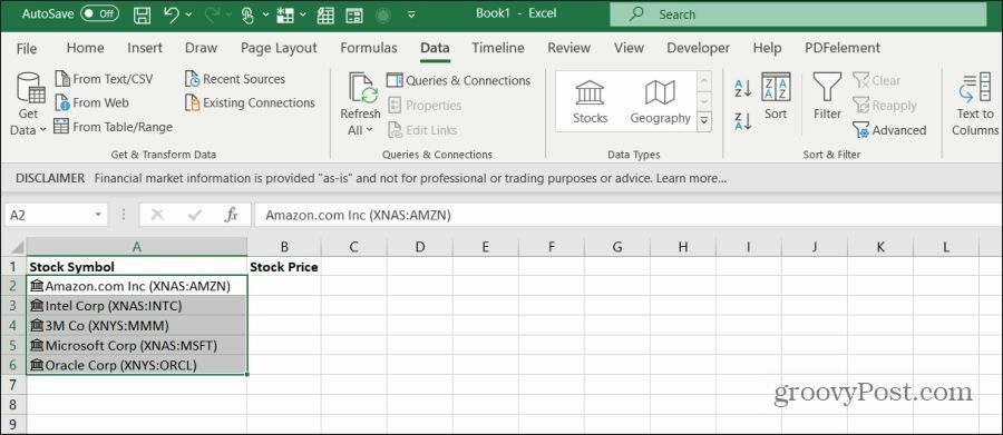 voorraad ticker symbolen in Excel