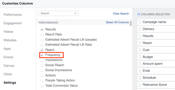 Facebook Ad Manager past kolommen aan om frequentie toe te voegen